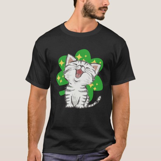 Cat Kitten Shamrock Lucky St Patricks Day Tシャツ (正面)