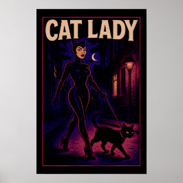 Cat Lady -Cats Art Lover- City Night Comic Graphic ポスター