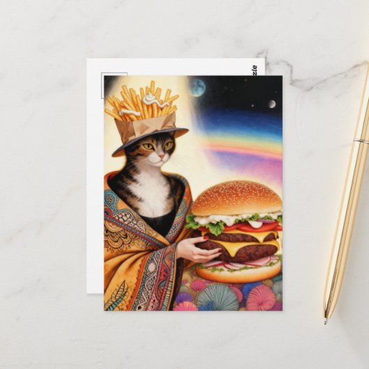 Cat Lady French Fries Hat and a Cheeseburger ポストカード (正面/裏面インサイチュ)