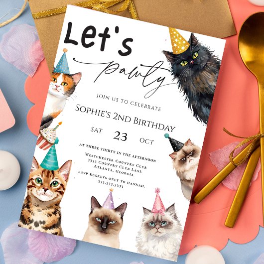 Cat Let's Pawty Kitten Cute 2nd Birthday 招待状