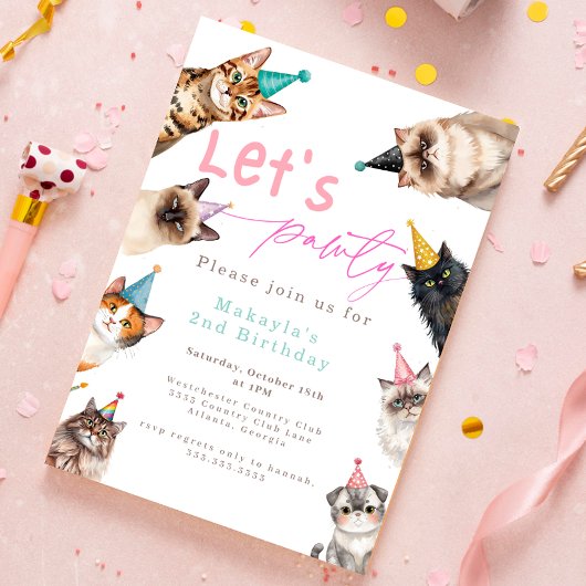 Cat let's pawty kitten cute Birthday 招待状