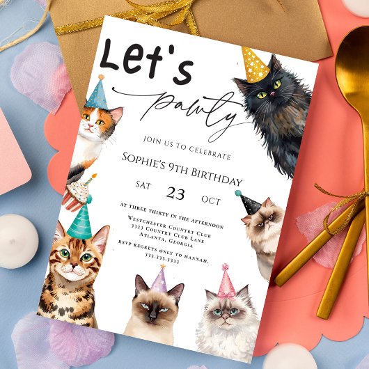 Cat Let's Pawty Kitten Cute kitty 9th Birthday 招待状
