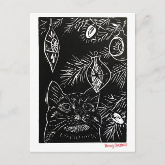 Cat Linocut Christmas Postcard シーズンポストカード