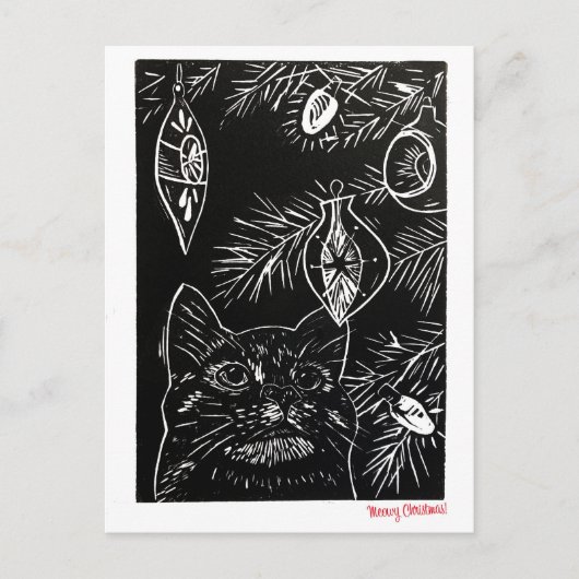 Cat Linocut Christmas Postcard シーズンポストカード (正面)