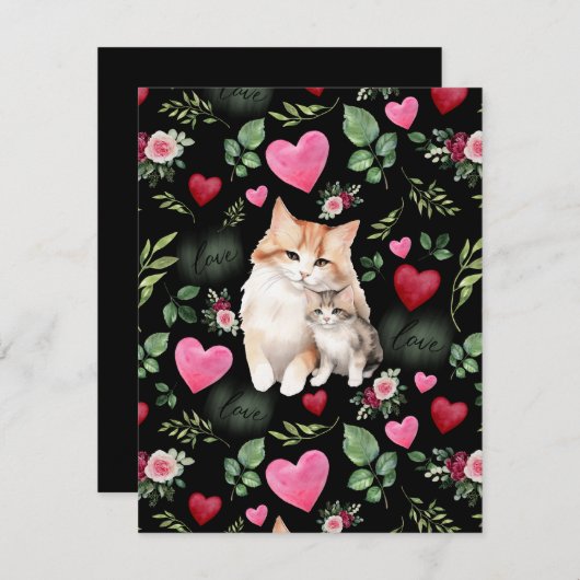 Cat Love Valentine’s Day Card in Black ノートカード (正面/裏面)