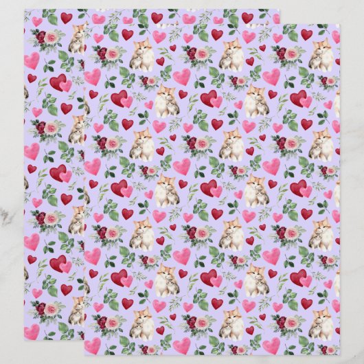 Cat Love Valentine Scrapbook Paper in Purple (正面/裏面)
