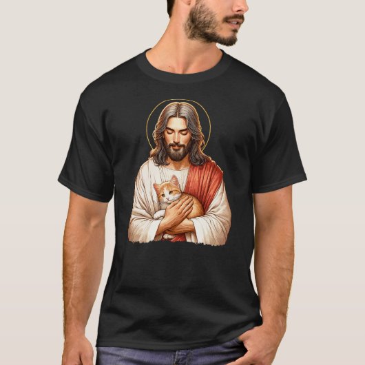 Cat Lover, Jesus Holding A Cat, Funny Christian Ar Tシャツ (正面)