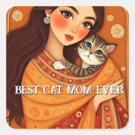 Cat lover Mom Photo  orange スクエアシール