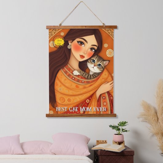 Cat lover Mom Photo  orange 吊り下げ型タペストリー (寝室)