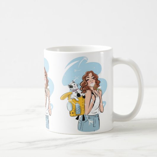 Cat Lover Mug – Stylish Woman with Cat in Backpack コーヒーマグカップ (右)