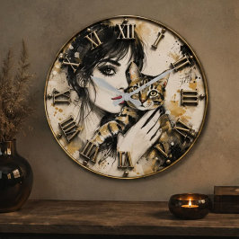Cat Lover Woman Portrait with Tabby Cat ラージ壁時計