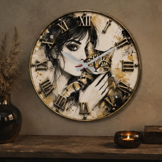 Cat Lover Woman Portrait with Tabby Cat ラージ壁時計