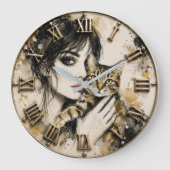 Cat Lover Woman Portrait with Tabby Cat ラージ壁時計 (正面)