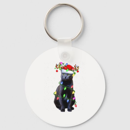 Cat Lover Xmas Lighting Santa Russian Blue Cat Chr キーホルダー (正面)