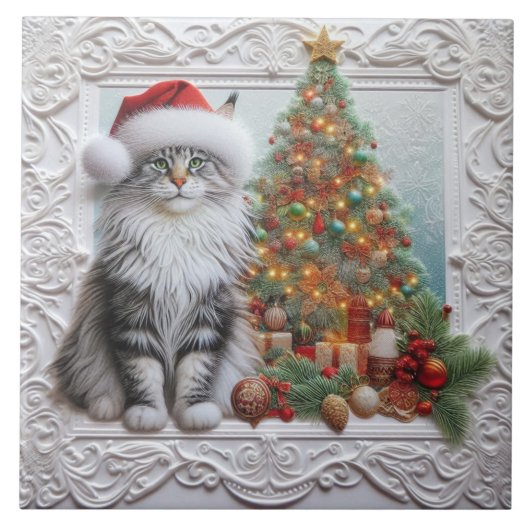 Cat Lovers Embossed Christmas Holiday タイル (正面)