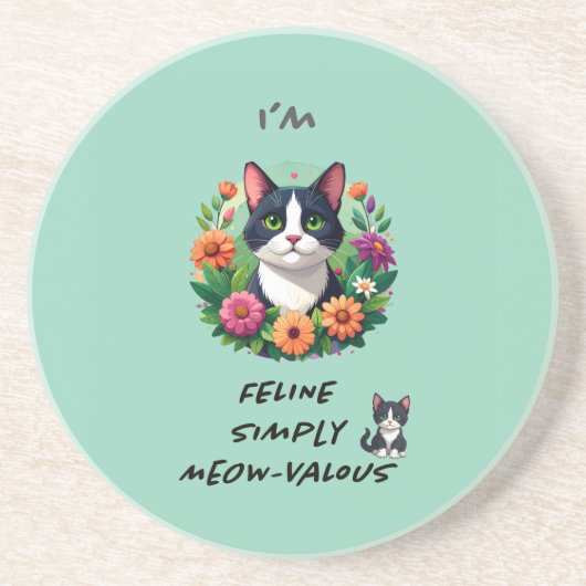 Cat lovers floral Tuxedo cat  コースター (正面)