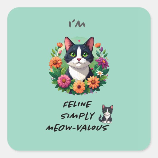 Cat lovers floral Tuxedo cat  スクエアシール (正面)