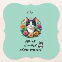 Cat lovers floral Tuxedo cat  ペーパーコースター