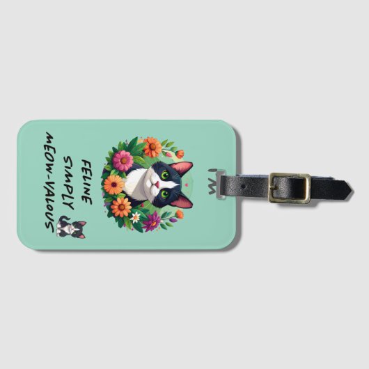 Cat Lover's floral Tuxedo cat ラゲッジタグ (正面横)