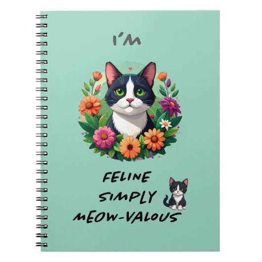 Cat lovers floral Tuxedo cat spiral notebook ノートブック (正面)
