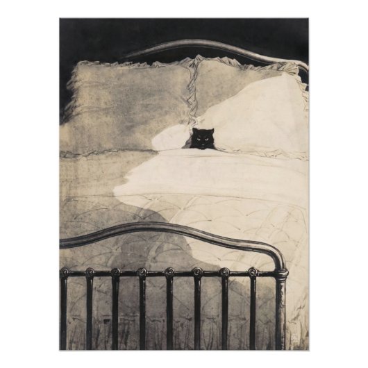 Cat lying in bed Funny Vintage Print ポスター (正面)