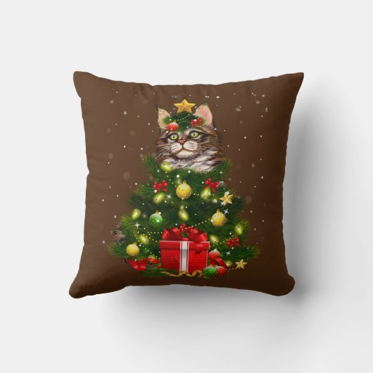 Cat Maine Coon Cat Xmas Tree Lights Cat Lover Ugly クッション (裏面)