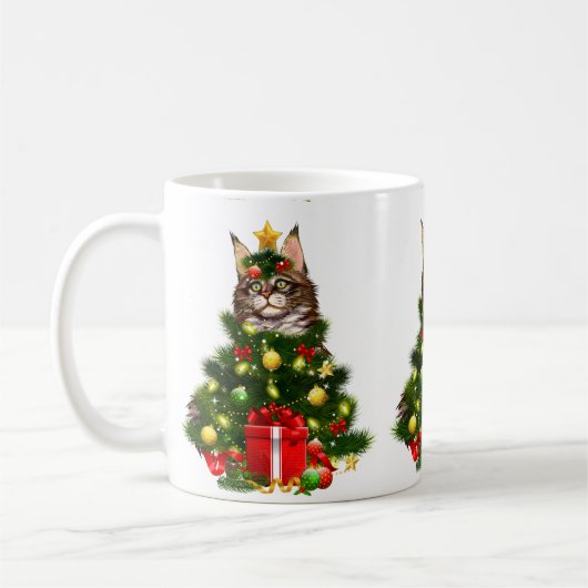 Cat Maine Coon Cat Xmas Tree Lights Cat Lover Ugly コーヒーマグカップ (左)