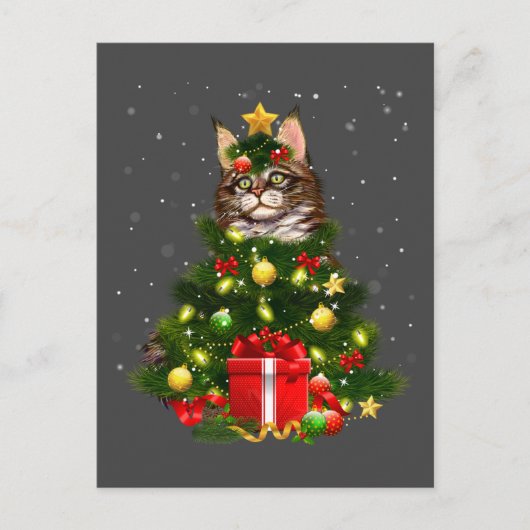 Cat Maine Coon Cat Xmas Tree Lights Cat Lover Ugly ポストカード (正面)