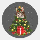 Cat Maine Coon Cat Xmas Tree Lights Cat Lover Ugly ラウンドシール (正面)