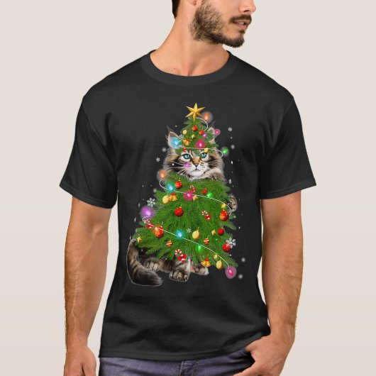 Cat Maine Coon Christmas Tree Holiday Cat Lovers X Tシャツ (正面)