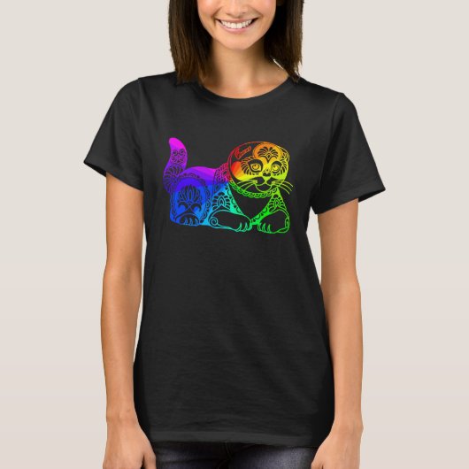 Cat Mandala Rainbow Kitty Geometric Yoga Meditatio Tシャツ (正面)