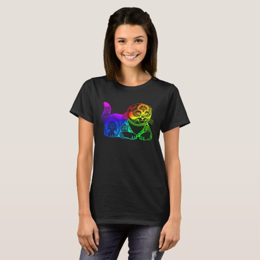 Cat Mandala Rainbow Kitty Geometric Yoga Meditatio Tシャツ (正面フル)