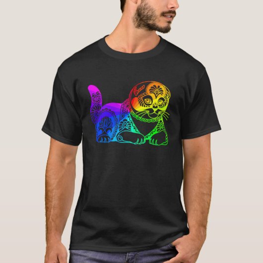Cat Mandala Rainbow Kitty Geometric Yoga Meditatio Tシャツ (正面)
