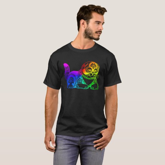 Cat Mandala Rainbow Kitty Geometric Yoga Meditatio Tシャツ (正面フル)