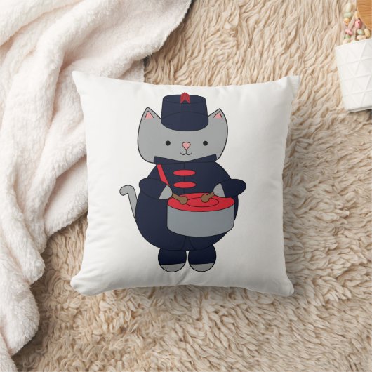 Cat Marching Band Drummer Navy Blue Red クッション (ブランケット)