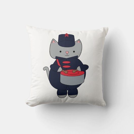 Cat Marching Band Drummer Navy Blue Red クッション (正面)
