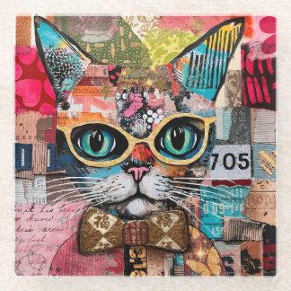 Cat Mixed Mixed Paper Collage  ガラスコースター
