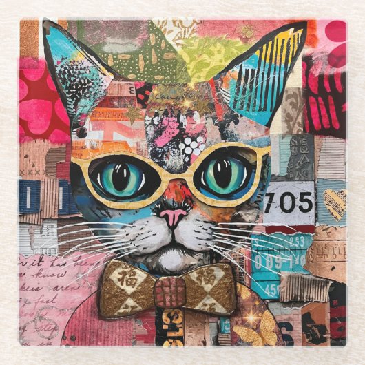 Cat Mixed Mixed Paper Collage  ガラスコースター (正面)