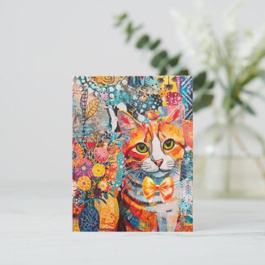 Cat Mixed Mixed Paper Collage Greeting Card カード (スタンド正面)