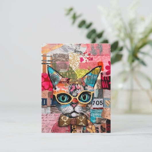 Cat Mixed Mixed Paper Collage Greeting Card 招待状 (スタンド正面)
