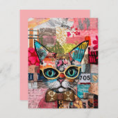 Cat Mixed Mixed Paper Collage Greeting Card 招待状 (正面/裏面)