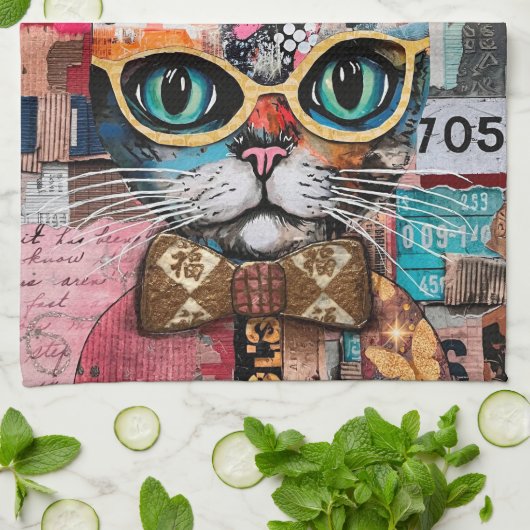 Cat Mixed Mixed Paper Collage Kitchen Towel キッチンタオル (折り畳み)