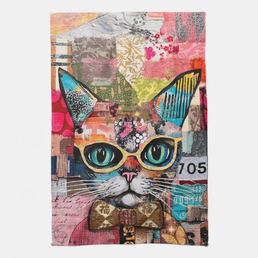Cat Mixed Mixed Paper Collage Kitchen Towel キッチンタオル (縦)