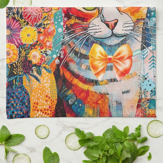 Cat Mixed Mixed Paper Collage Kitchen Towel キッチンタオル (折り畳み)