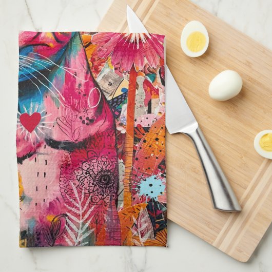 Cat Mixed Mixed Paper Collage Kitchen Towel キッチンタオル (四つ折り)