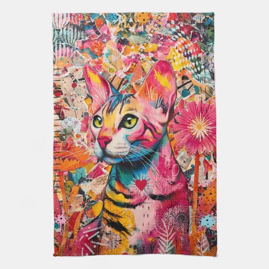 Cat Mixed Mixed Paper Collage Kitchen Towel キッチンタオル (縦)