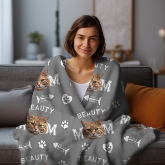 Cat Momグレー名パーソナライズされたとフォトリピートFl フリースブランケット