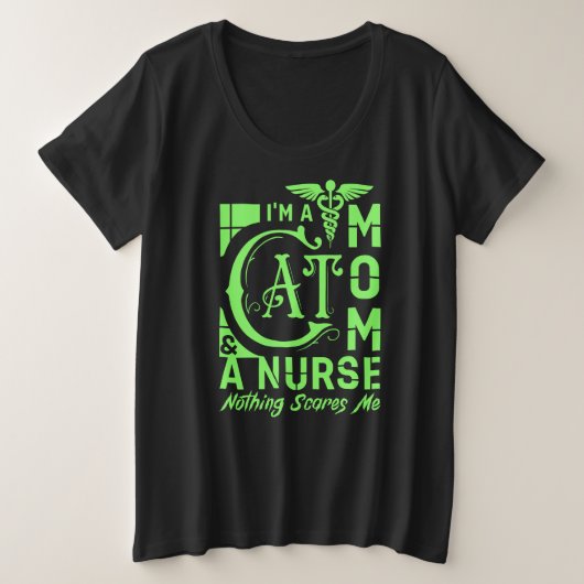Cat Momナース-おもしろいナースや猫好き向けギフト プラスサイズTシャツ (デザイン正面)