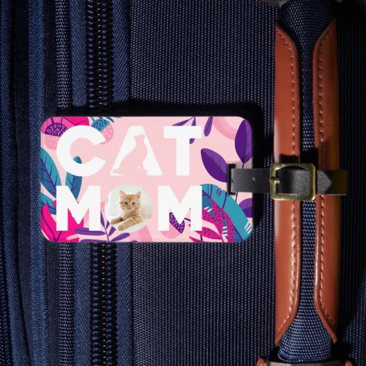 CAT MOM,あなたの写真,ピンクの花と葉荷物 ラゲッジタグ (正面インサイチュ4)
