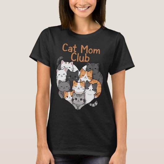 Cat Mom Club - Cute Multi-Cat Heart Illustration Tシャツ (正面)